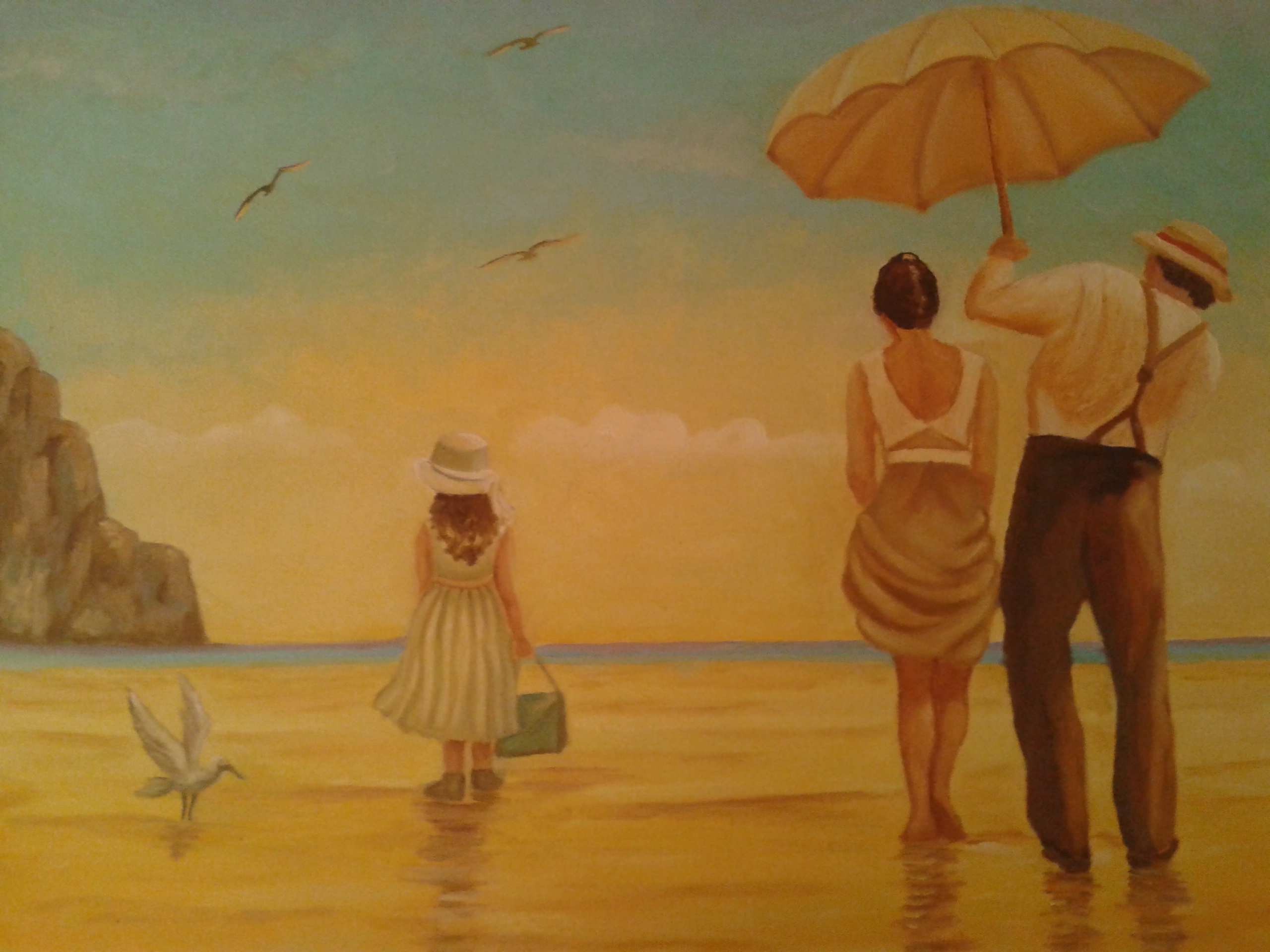 Cuadro familia visitando la playa. Técnica de oleo 60x45