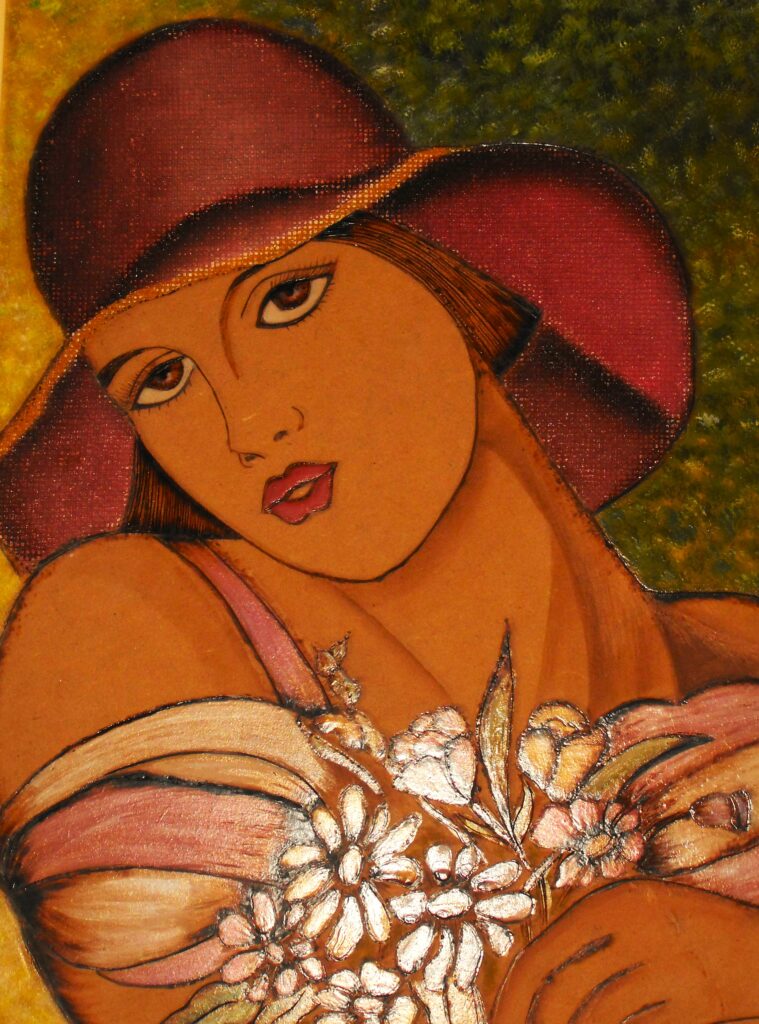 Dama con sombrero. Técnica pirograbado. 40x30