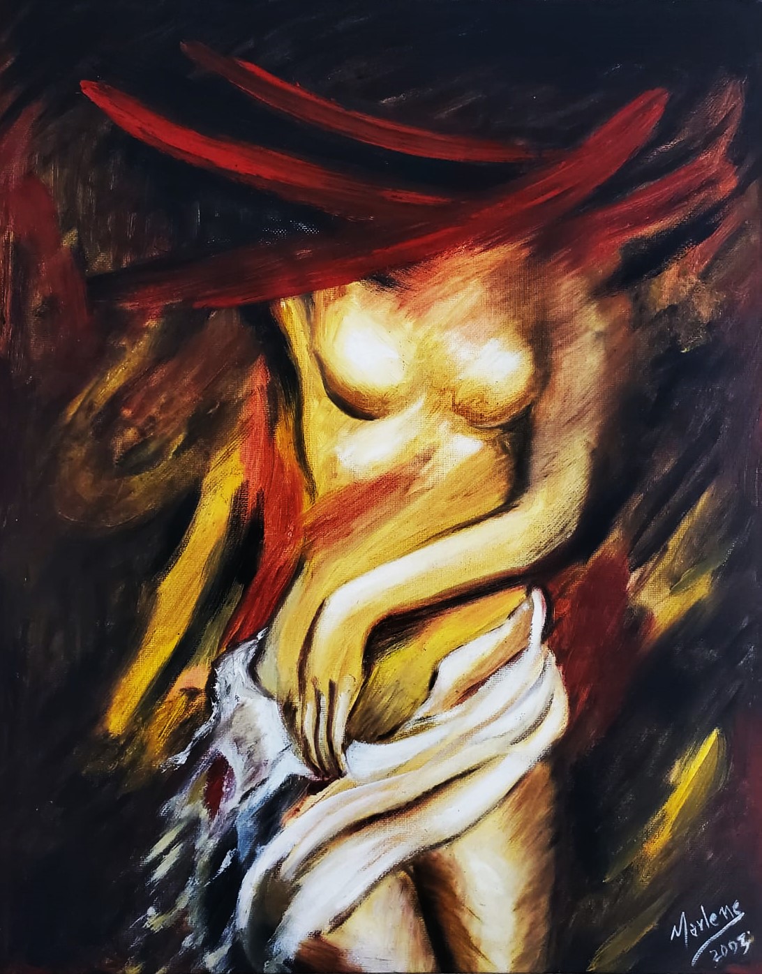 Cuadro Mujer desnuda en fuego. Técnica al oleo. 50x 40