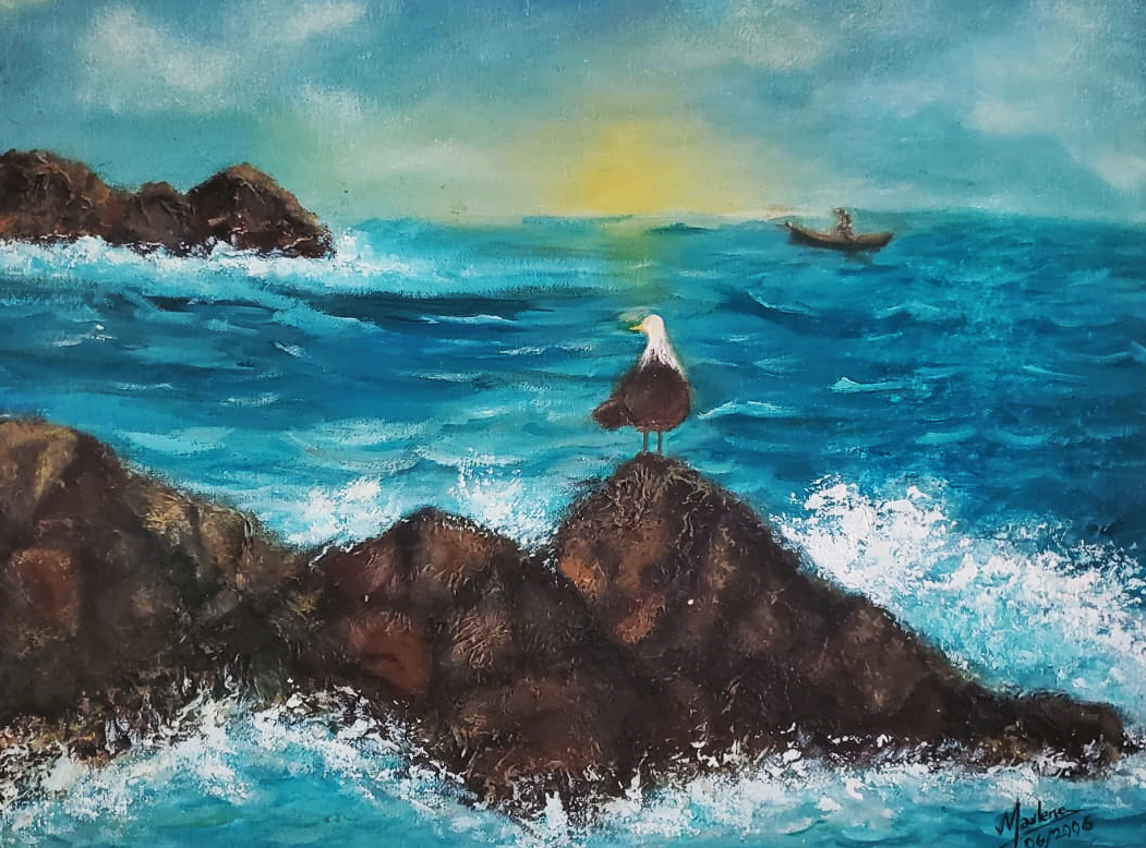 Cuadro gaviota sobre rocas. Marino. Técnica al oleo 30 x40